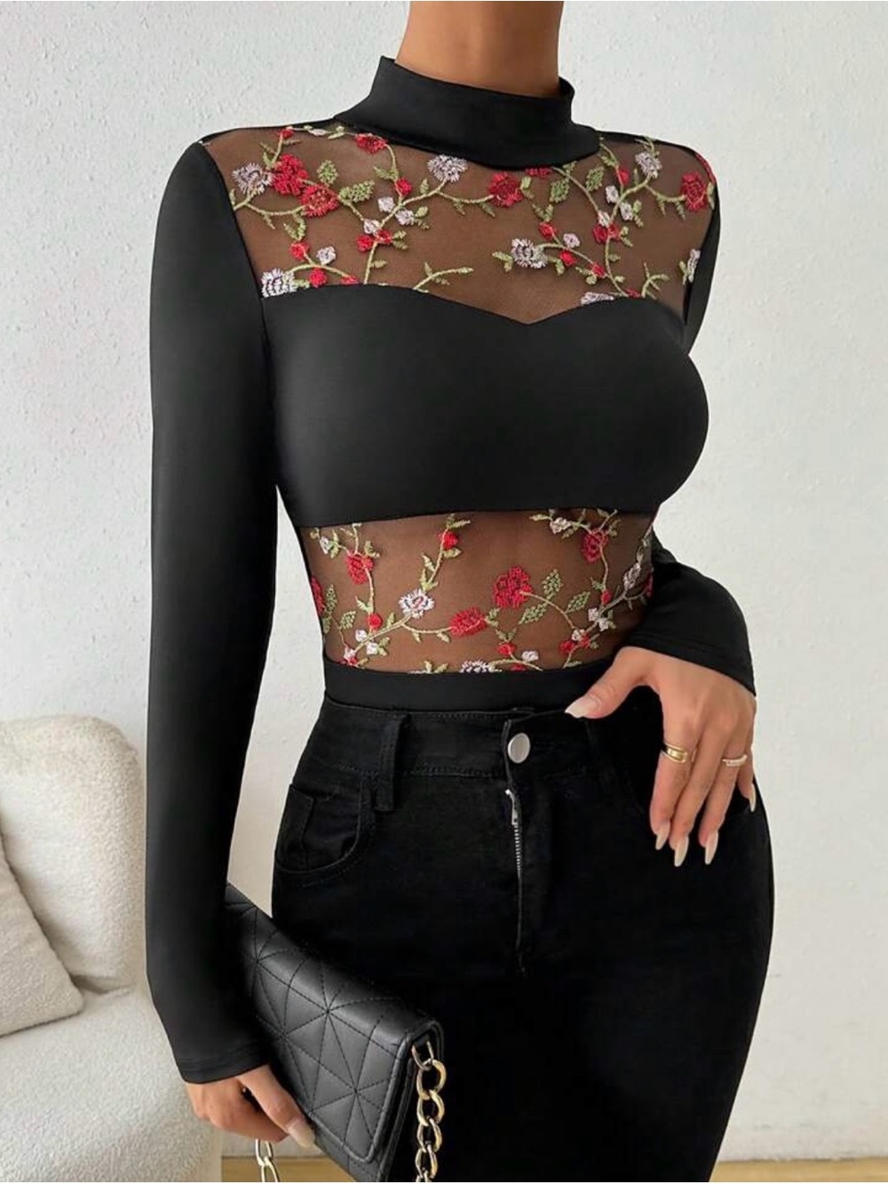 Zolique Embroidered Mesh Contrast Bodysuit